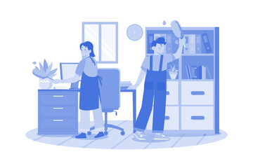 Worker Cleaning The Office With A Feather Brush