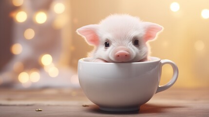 Cutest tiny miniature baby teacup pig in a porcelain tea cup, pink ears and nose with the most...