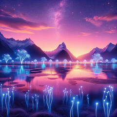 bioluminescent forest by twilight lake, generative ai