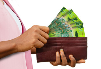 fair Female Hand Holding brown Purse With Samoan Tala notes, hand removing money out of purse...