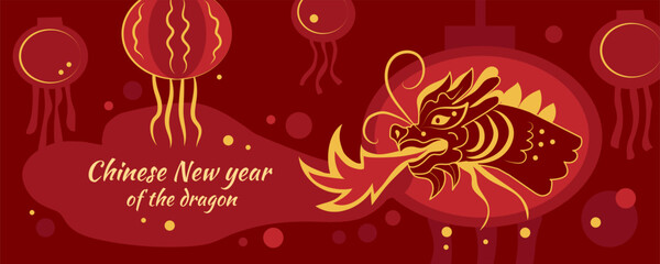 Greeting banner for New Year 2024 with Chinese dragon on red background