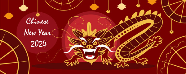 Beautiful greeting banner for New Year 2024 with Chinese dragon on red background