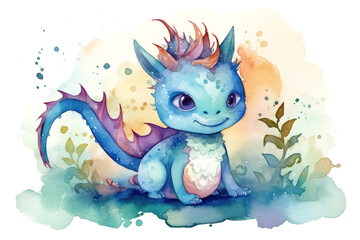 Cute dragon in watercolor illustration