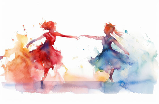 Two kids children playing and dancing together, painted in a beautiful watercolor wash, full of joy and life. Silhouette type illustration with beautiful watercolour textures and washes.
