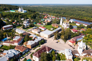 Aerial photo of Gorokhovets, Vladimir Oblast, Russia. View of Klyazma River and churches.