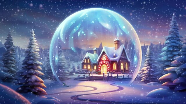 Enchanting winter scene with glowing house, polar bear, and starry sky encapsulated in magical sphere. Winter holiday wonderland.