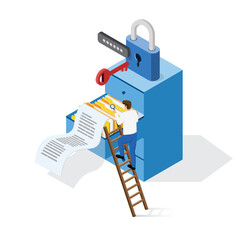 Document archiving and storage. Business people search files in archives with locks and key. Isometric Security Concept.