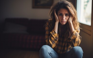 Obraz premium Close up of sad pensive millennial woman sit alone thinking about relationships personal problems, upset thoughtful young female lost in thoughts feel lonely depressed pondering or mourning at home