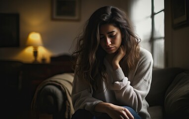 Obraz premium Close up of sad pensive millennial woman sit alone thinking about relationships personal problems, upset thoughtful young female lost in thoughts feel lonely depressed pondering or mourning at home