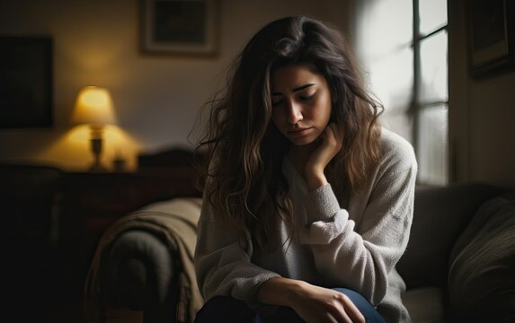Close up of sad pensive millennial woman sit alone thinking about relationships personal problems, upset thoughtful young female lost in thoughts feel lonely depressed pondering or mourning at home