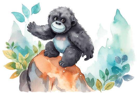 Cute gorilla climb in watercolor illustration, concept of Primate behavior