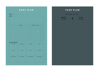 Goal Plan and Year Plan Planner. (Forest) Minimalist planner template set. Vector illustration.	