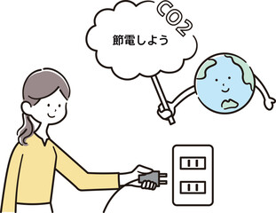 コンセントのプラグを持つ女性と地球のキャラクターのイラスト素材