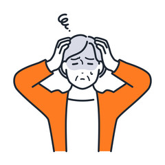 頭を抱えて悩むシニア女性のシンプルなベクターイラスト素材