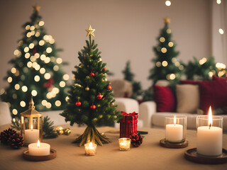 Fototapeta na wymiar A Christmas tree in new year cozy home interior decorations. Garlands and bokeh burning candle.