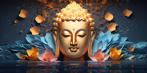 the glowing 3d buddha and flower with gold style on abstract background