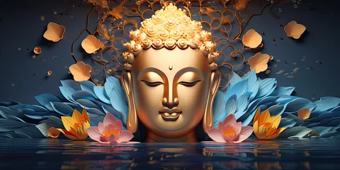 Zelfklevend Fotobehang the glowing 3d buddha and flower with gold style on abstract background © Kien