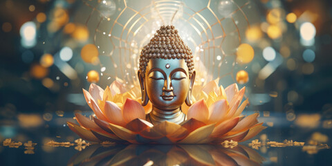 the glowing 3d buddha and flower with gold style on abstract background - obrazy, fototapety, plakaty