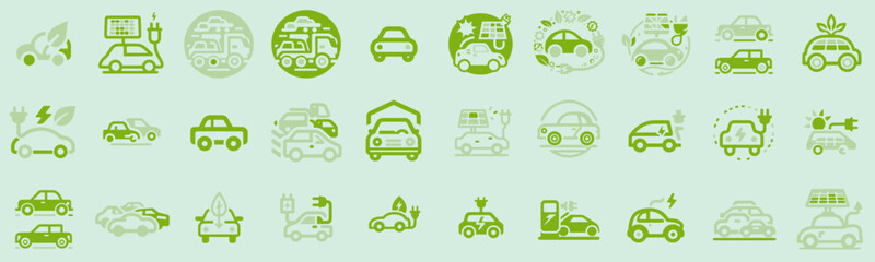 Green and Electric Car Silhouette Icons: Simplistic Vector Set, colorful pictogram visuals eco-cars - obrazy, fototapety, plakaty