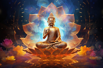 Naklejka premium the glowing 3d buddha and flower with gold style on abstract background