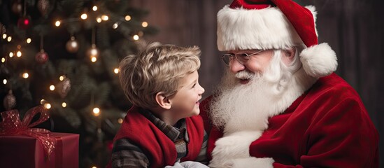 Fototapeta na wymiar Child whispering wish to Santa Claus in front of Christmas tree