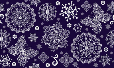 Vector seamless hand drawn bicolour christmas dark purple pattern with white openwork butterflies and snowflakes