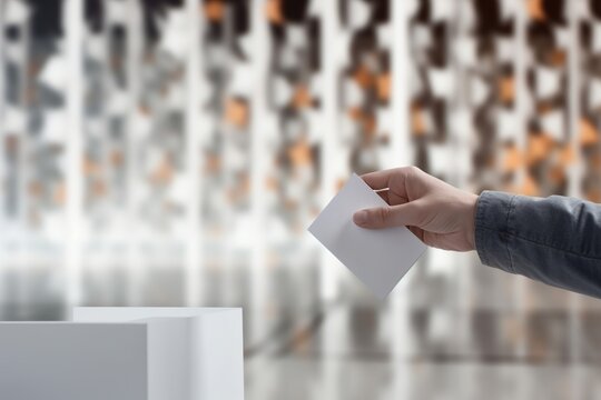 average citizen hand casting a vote paper election ballot in a voting box, fancy elegant building walls background. Caucasian man putting a balloting in a white box. Freedom and democracy concept idea