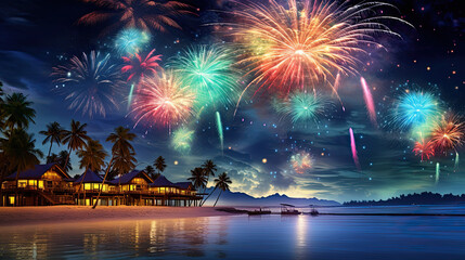 colorful fireworks with palm tree and beach - obrazy, fototapety, plakaty