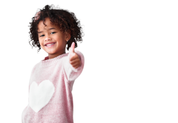 Smile, portrait and child with thumbs up for success isolated on a transparent png background. Face, happy and girl with like hand for winner emoji, agreement or yes sign to thank you for excellence