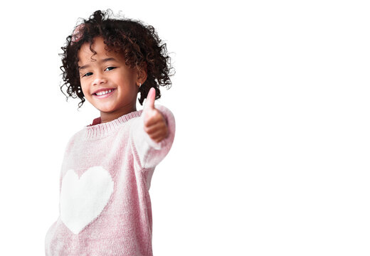 Smile, portrait and child with thumbs up for success isolated on a transparent png background. Face, happy and girl with like hand for winner emoji, agreement or yes sign to thank you for excellence