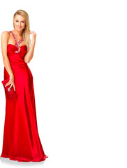 Woman, fashion and red silk dress for prom, bridesmaid and formal event isolated on a transparent...