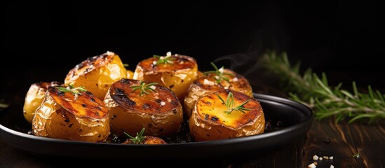 Background of a black wooden table with a roasted potato