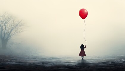 Illustration of a Little Girl Holding a Red Balloon, Radiating Happiness