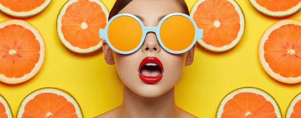 Beautiful healthy woman with slices of lemon citrus fruit isolated in orange background, food,...