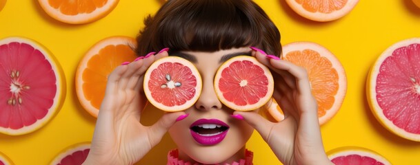 Beautiful healthy woman with slices of lemon citrus fruit isolated in orange background, food, cosmetics. Healthy eating, diet. Beauty young fashion woman plays with lemons, organic vegetables