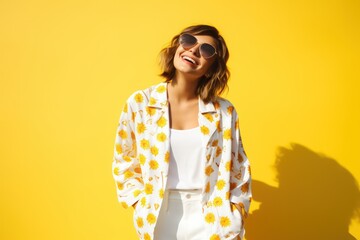 Model woman in summer with glasses on yellow background. Fashion cool girl posing in sunglasses. Laughing while posing in studio