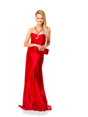 Woman, fashion and smile in red dress for party, bridesmaid and formal event isolated on...