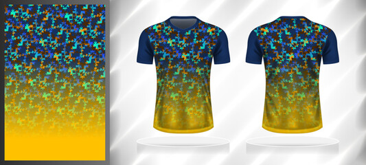 Vector sport pattern design template for V-neck T-shirt front and back with short sleeve view mockup. Dark and light shades of blue-yellow color gradient abstract texture background illustration.