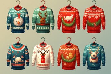 illustration of a pattern of ugly Christmas sweaters for wallpapers. AI generative