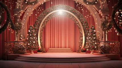 christmas podium with a stage with ornaments and lights. copy space for product display and mockup