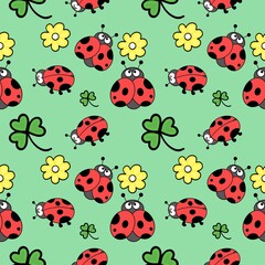 Fototapeta premium seamless pattern with ladybug on a green background 