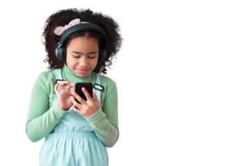 Phone, music headphones and child typing isolated on a transparent png background. Radio, smartphone and African girl listening to sound, audio or online podcast on social media, web app and internet
