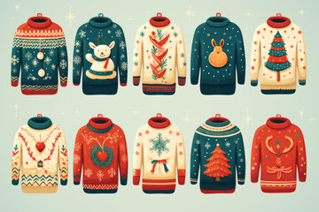 illustration of a pattern of ugly Christmas sweaters for wallpapers. AI generative - obrazy, fototapety, plakaty