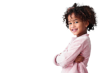 Portrait, child and happy girl with arms crossed isolated on a transparent png background. Face,...