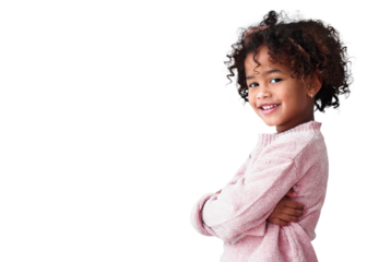 Portrait, child and happy girl with arms crossed isolated on a transparent png background. Face, happy and confident kid in casual clothes for fashion, style and cute with positive mindset in Brazil.