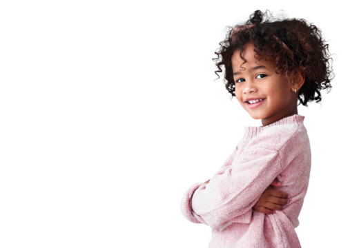 Portrait, child and happy girl with arms crossed isolated on a transparent png background. Face, happy and confident kid in casual clothes for fashion, style and cute with positive mindset in Brazil.