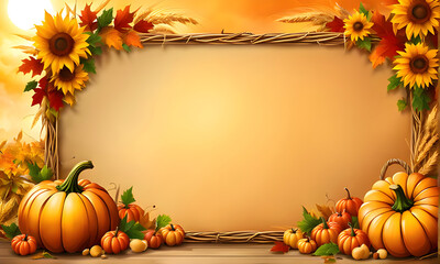 Naklejka na ściany i meble Thanksgiving-themed wallpaper with pumpkins and autumn leaves. Background for Thanksgiving-themed