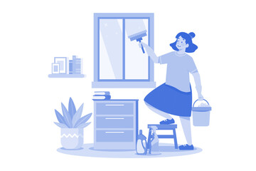 Woman Doing Window Cleaning With Cleaning Equipment