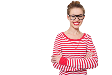 Eye care, arms crossed and portrait of happy woman with glasses for eyesight, prescription lens frame or vision. Confident, eyeglasses and advertising person isolated on transparent, png background