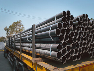 Steel pipes are placed in factory, steel pipe for fabrication,Stacked together of steel tube,...